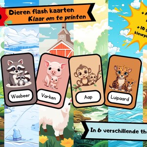 May include: A set of 60 printable flash cards featuring various animals, including a raccoon, pig, monkey, and leopard. The cards are designed for children and include the Dutch word for each animal. The image also includes a title that reads "Dieren flash kaarten Klaar om te printen" and a description of the additional content included, such as a memory game and coloring pages.