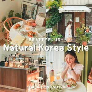 Op de afbeelding: Een collage van afbeeldingen met cafés en buitenscènes. De afbeeldingen bevatten eten, drinken en een persoon. De tekst "PRETTYPLUS+ Natural Korea Style" en "SELF PHOTO EDITING" zijn zichtbaar.