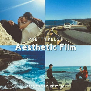 Puede incluir: Un collage de cuatro imágenes con una estética vintage. Arriba a la izquierda, una pareja besándose, arriba a la derecha, una furgoneta en una carretera costera, abajo a la izquierda, olas del océano y abajo a la derecha, una persona tomando una foto. El texto dice "PRETTYPLUS+" y "Aesthetic Film".