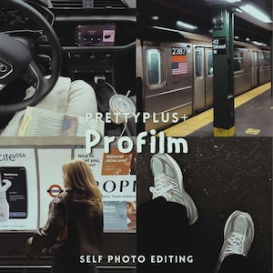Puede incluir: Un collage con un interior de coche, un tren del metro y una persona frente a un cartel. Los textos "PRETTYPLUS+ Profilm" y "SELF PHOTO EDITING" son visibles. La imagen tiene una paleta de colores apagados.