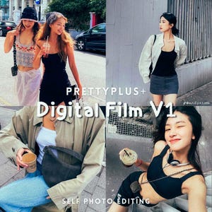 Puede incluir: Un collage de cuatro imágenes que muestran a jóvenes con diferentes atuendos. El texto "PRETTYPLUS+ Digital Film V1" y "SELF PHOTO EDITING" se superpone a las imágenes. Las imágenes tienen un filtro aplicado.