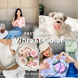 Puede incluir: Un collage de cuatro imágenes con el texto "PRETTYPLUS+ Vibrant Color SELF PHOTO EDITING". Las imágenes muestran a una mujer con una rebeca rosa, un perro con un tulipán, un ramo de flores y una mujer con una camiseta gráfica.