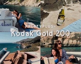 May include: A collage of four images featuring a boat, a bottle of wine, a car, and two people on a boat. The images are edited with a vintage filter, giving them a warm, nostalgic feel. The text "PRETTYPLUS+ Kodak Gold 200" is superimposed on the images.