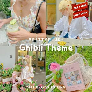 Puede incluir: Un collage de imágenes con una estética de "Ghibli Theme". Las imágenes incluyen a una persona sosteniendo un cóctel con lima, una persona con una blusa blanca, una persona con flores y una bicicleta con un libro titulado "In Paris". También se ven los textos "PRETTYPLUS+" y "SELF PHOTO EDITING".