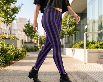 Purple Black Vertical Stripe Leggings, Women's Activewear Tights, Loungewear