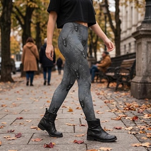 May include: Full-length leggings in a dark gray color featuring a repeating pattern of black spiders and white spiderwebs. The leggings are paired with a black short-sleeved crop top and black leather ankle boots, creating a cohesive look.