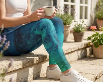 Women's Teal Marble Swirl Leggings, Ankle Length Tights for Yoga or Pilates