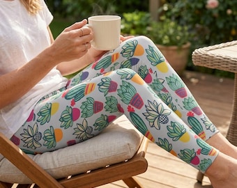 Leggings da donna con stampa di cactus verdi, collant con motivo di piante grasse