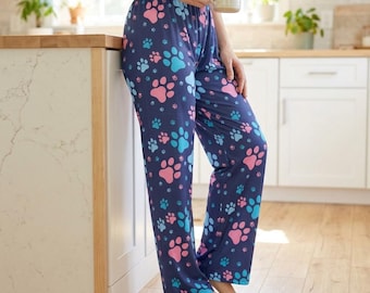 Women's Blue Paw Print Pattern Pajama Pants, Pet Lover Lounge Pants