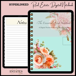 Puede incluir: Cuaderno digital para agentes inmobiliarios. La portada presenta arreglos florales en tonos melocotón, rosa y blanco sobre un fondo azul claro. El texto dice "The Essential Agent Notebook" y "A Digital Notebook for Real Estate Agents."