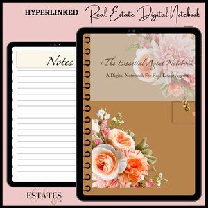 May include: A digital notebook for real estate agents with a brown cover and floral design. The cover text reads "The Essential Agent Notebook" and "A Digital Notebook For Real Estate Agents".