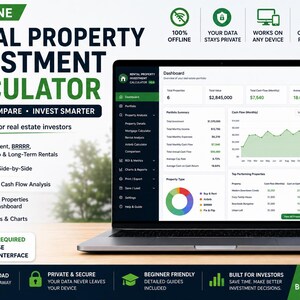 May include: A digital rental property investment calculator displayed on a laptop and smartphone screen. The interface shows a dashboard with portfolio summaries, cash flow graphs, and property metrics. Text includes All-In-One Rental Property Investment Calculator, Analyze, Compare, Invest Smarter, and No Excel Required.
