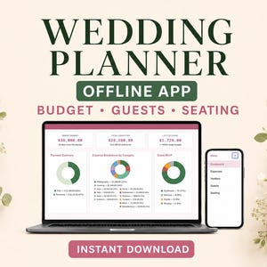 May include: A digital wedding planner offline app displayed on a laptop and smartphone screen. The interface shows budget, guest, and seating data with charts and text. The text reads WEDDING PLANNER OFFLINE APP, BUDGET, GUESTS, SEATING, and INSTANT DOWNLOAD.