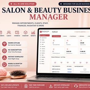 May include: A digital salon and beauty business manager software displayed on a laptop screen. The interface shows a dashboard with appointments, clients, payments, and reports. Text includes All-in-One Solution, Designed for Salon Success, and features like Works Offline, No Subscription, and Instant Download.