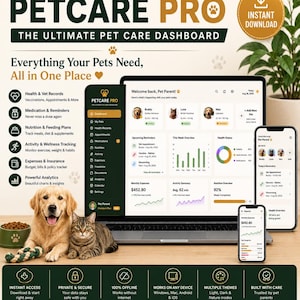 May include: Petcare Pro digital dashboard displayed on a laptop and two smartphones, featuring pet health records, medication reminders, nutrition plans, and expense tracking. The interface includes icons for health, vet records, and activity analytics.
