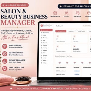 May include: A laptop displaying a Salon & Beauty Business Manager dashboard with tabs for appointments, clients, and payments. The screen shows financial data in pounds, business performance charts, and a list of upcoming appointments in a clean interface.