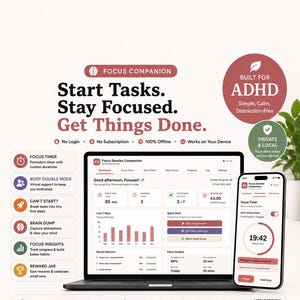 Könnte beinhalten: Eine digitale Produktwerbung für die Software Focus Companion mit einem Laptop und Smartphone, die eine Aufgabenverwaltungs-Oberfläche zeigen. Der Text hebt Funktionen wie Fokus-Timer, Body-Double-Modus und Brain-Dump hervor.