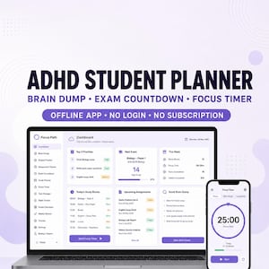 ADHD Student Planner App | Brain Dump, Exam Countdown & Focus Timer | Offline HTML Digital Download