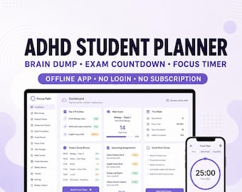 ADHD Student Planner App | Brain Dump, Exam Countdown & Focus Timer | Offline HTML Digital Download