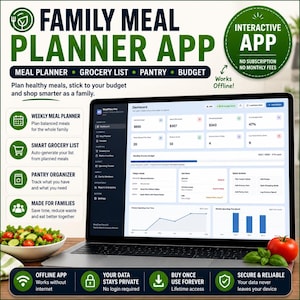 May include: A laptop displaying a Family Meal Planner App dashboard with sections for a weekly meal planner, grocery list, pantry organizer, and budget. The screen shows data charts, spending trackers, and text labels including Meal Planner, Grocery List, Pantry, and Budget.