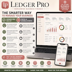 May include: A Ledger Pro business finance software infographic comparing a web-app to spreadsheets. The image displays a laptop and smartphone showing a financial dashboard with charts, revenue, and expense data, alongside a list of features.