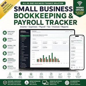 May include: A digital bookkeeping and payroll tracker displayed on a laptop and smartphone screen. The interface shows financial dashboards, income, expenses, and tax data. Text includes "Small Business Bookkeeping & Payroll Tracker" and "All-in-one business finance solution" with icons for employees, payroll, tax, and invoices.