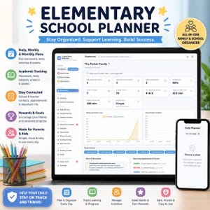 May include: An Elementary School Planner digital dashboard displayed on a laptop and smartphone screen. The interface features sections for daily, weekly, and monthly plans, academic tracking, reward points, and family organization tools with text labels.
