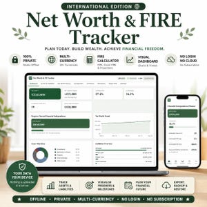 May include: A digital Net Worth & FIRE Tracker displayed on a laptop and smartphone screen. The interface features financial dashboards, charts, and progress bars for tracking assets, liabilities, and savings rates in British pounds, with text labels.