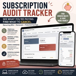 May include: A digital subscription audit tracker displayed on a laptop and smartphone screen. The interface shows financial data, including active monthly costs, annual costs, and potential savings in GBP. Features include a renewal calendar, cancel candidates, and data privacy settings.