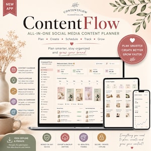 May include: ContentFlow all-in-one social media content planner displayed on a laptop, tablet, and smartphone. The interface shows a content calendar, analytics, and pipeline features with text including Plan, Create, Schedule, Track, Grow.