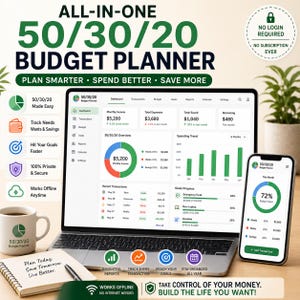 May include: An all-in-one 50/30/20 budget planner displayed on a laptop and smartphone screen. The interface shows financial dashboards, spending trends, and transaction lists. A white mug and a notebook with the text Plan Today. Save Tomorrow. Live Better. are present.