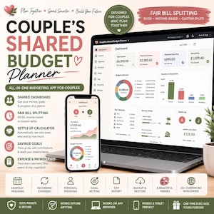 May include: A digital budget planner for couples displayed on a laptop and smartphone. The interface features a dashboard with income, expenses, savings goals, and a settle-up calculator. Text includes Couple's Shared Budget Planner, Fair Bill Splitting, and various icons for tracking monthly expenses, recurring payments, and personal spending.