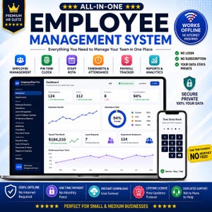 May include: An all-in-one employee management system software interface displayed on a laptop and smartphone. The dashboard shows employee metrics, payroll, and attendance data. Features include offline functionality, no login, and no monthly fees.