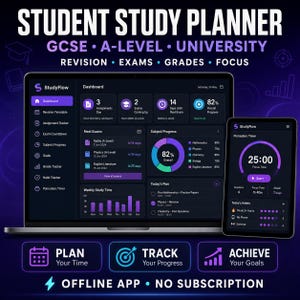 Aplicación de planificación de estudios para estudiantes / Horario de repaso para GCSE, A-Level y universidad (descarga digital en HTML)