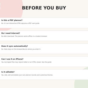 May include: An informational graphic titled BEFORE YOU BUY with a logo in the top left corner. It features five white rectangular boxes containing frequently asked questions and answers about an interactive HTML planner app and a PDF user guide.