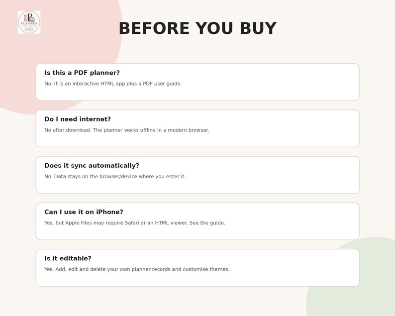 May include: An informational graphic titled BEFORE YOU BUY with a logo in the top left corner. It features five white rectangular boxes containing frequently asked questions and answers about an interactive HTML planner app and a PDF user guide.