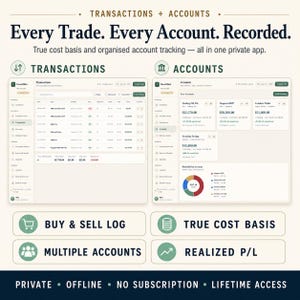 May include: A digital interface for a financial tracking application titled Transactions + Accounts. The screen displays transaction logs and account summaries with text including Every Trade. Every Account. Recorded. and Private. Offline. No Subscription. Lifetime Access.