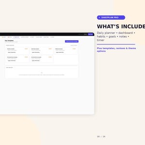 K&ouml;nnte beinhalten: Eine digitale Benutzeroberfl&auml;che f&uuml;r DailyPlan Pro mit Tagesvorlagen, Dashboard, Gewohnheiten, Zielen, Notizen und Timer. Der Text lautet: WHAT'S INCLUDED, Daily planner, dashboard, habits, goals, notes, timer, plus templates, reviews & theme options.