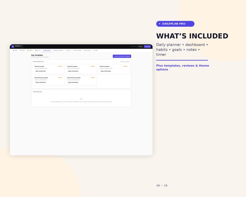 K&ouml;nnte beinhalten: Eine digitale Benutzeroberfl&auml;che f&uuml;r DailyPlan Pro mit Tagesvorlagen, Dashboard, Gewohnheiten, Zielen, Notizen und Timer. Der Text lautet: WHAT'S INCLUDED, Daily planner, dashboard, habits, goals, notes, timer, plus templates, reviews & theme options.
