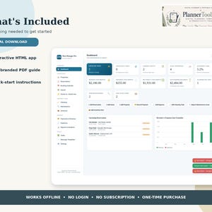 May include: A digital dashboard interface for property management titled Host Manager Pro. The screen displays financial metrics, reservation data, and a bar chart. Text includes What's Included, Digital Download, and Works Offline, No Login, No Subscription.