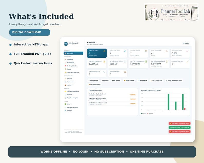 May include: A digital dashboard interface for property management titled Host Manager Pro. The screen displays financial metrics, reservation data, and a bar chart. Text includes What's Included, Digital Download, and Works Offline, No Login, No Subscription.