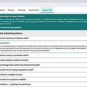 May include: A web browser interface for Voyage Planner displaying a Help and FAQ page. The page features a dark teal information box titled Your data stays on your device and a list of frequently asked questions regarding data privacy and currency.