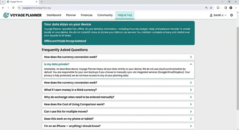 May include: A web browser interface for Voyage Planner displaying a Help and FAQ page. The page features a dark teal information box titled Your data stays on your device and a list of frequently asked questions regarding data privacy and currency.