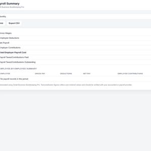 May include: A digital payroll summary dashboard interface titled Small Business Bookkeeping Pro. The screen displays financial categories including gross wages, employee deductions, net payroll, employer contributions, and tax figures in British pounds.
