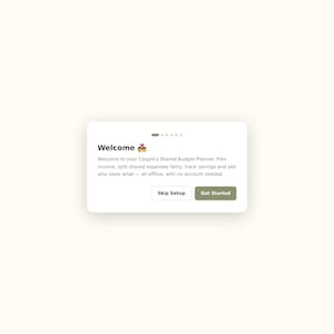 May include: A digital welcome screen for a Couple's Shared Budget Planner. The white rectangular interface features the text Welcome, a small heart emoji, and a description of budget planning features. It includes a Skip Setup button and a Get Started button.