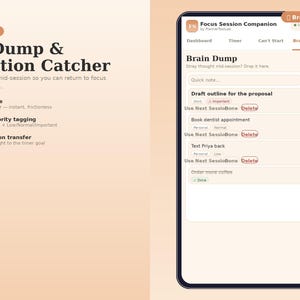 May include: A digital interface titled Brain Dump & Distraction Catcher displayed on a smartphone screen. The app features a Brain Dump tab with a text input field for quick notes, categorized tasks like Draft outline for the proposal, and buttons.