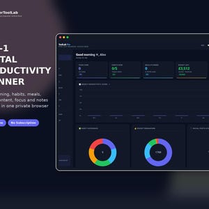 May include: A dark-themed digital productivity planner interface displayed on a screen. The dashboard features a 7-in-1 layout with sections for tasks, habits, meals, money, content, focus, and notes. It includes colorful donut charts, a productivity score graph, and text labels like 7-IN-1 DIGITAL PRODUCTIVITY PLANNER, Works Offline, and No Subscription.