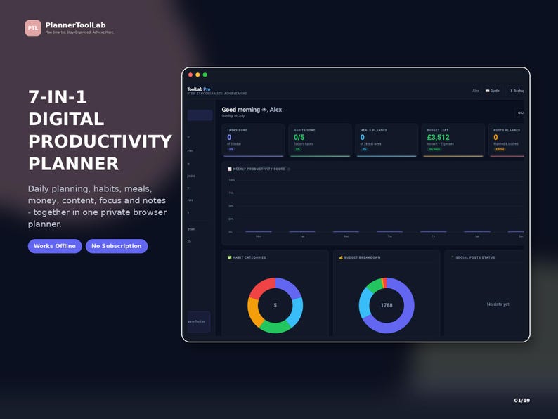 May include: A dark-themed digital productivity planner interface displayed on a screen. The dashboard features a 7-in-1 layout with sections for tasks, habits, meals, money, content, focus, and notes. It includes colorful donut charts, a productivity score graph, and text labels like 7-IN-1 DIGITAL PRODUCTIVITY PLANNER, Works Offline, and No Subscription.