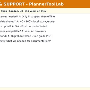 May include: An FAQ and support information graphic for PlannerToolLab. It lists shop details including a 5.0 rating and location. It features six bulleted points answering questions about internet access, data privacy, printing, browser compatibility, and refunds.