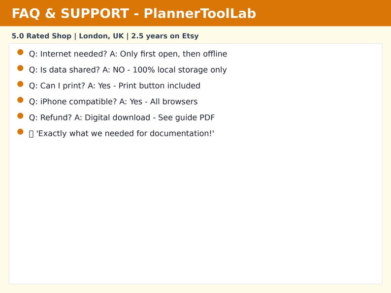 May include: An FAQ and support information graphic for PlannerToolLab. It lists shop details including a 5.0 rating and location. It features six bulleted points answering questions about internet access, data privacy, printing, browser compatibility, and refunds.
